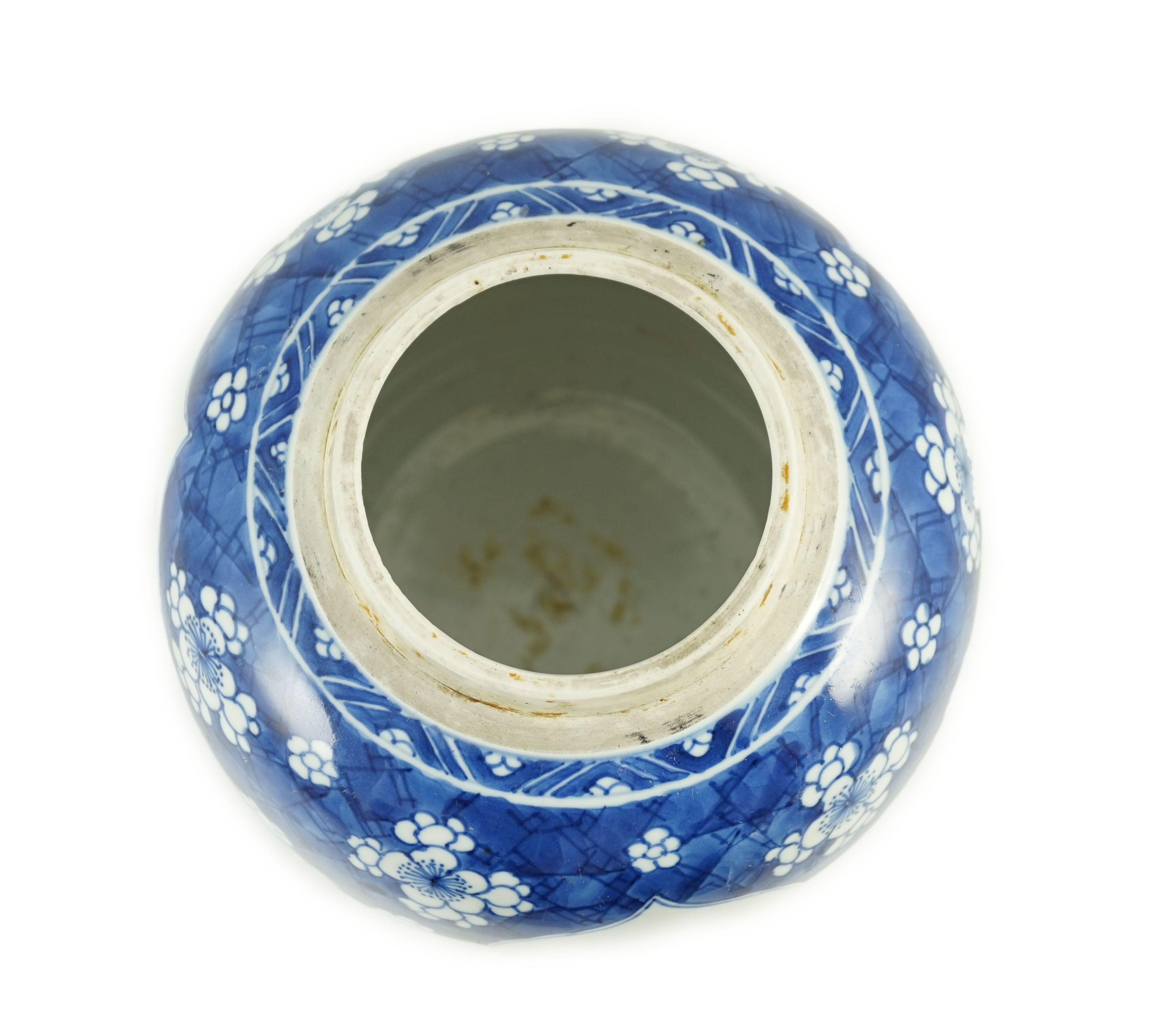 A Chinese blue and white ‘Hundred Antiques’ ovoid jar, Kangxi period, 19cm high